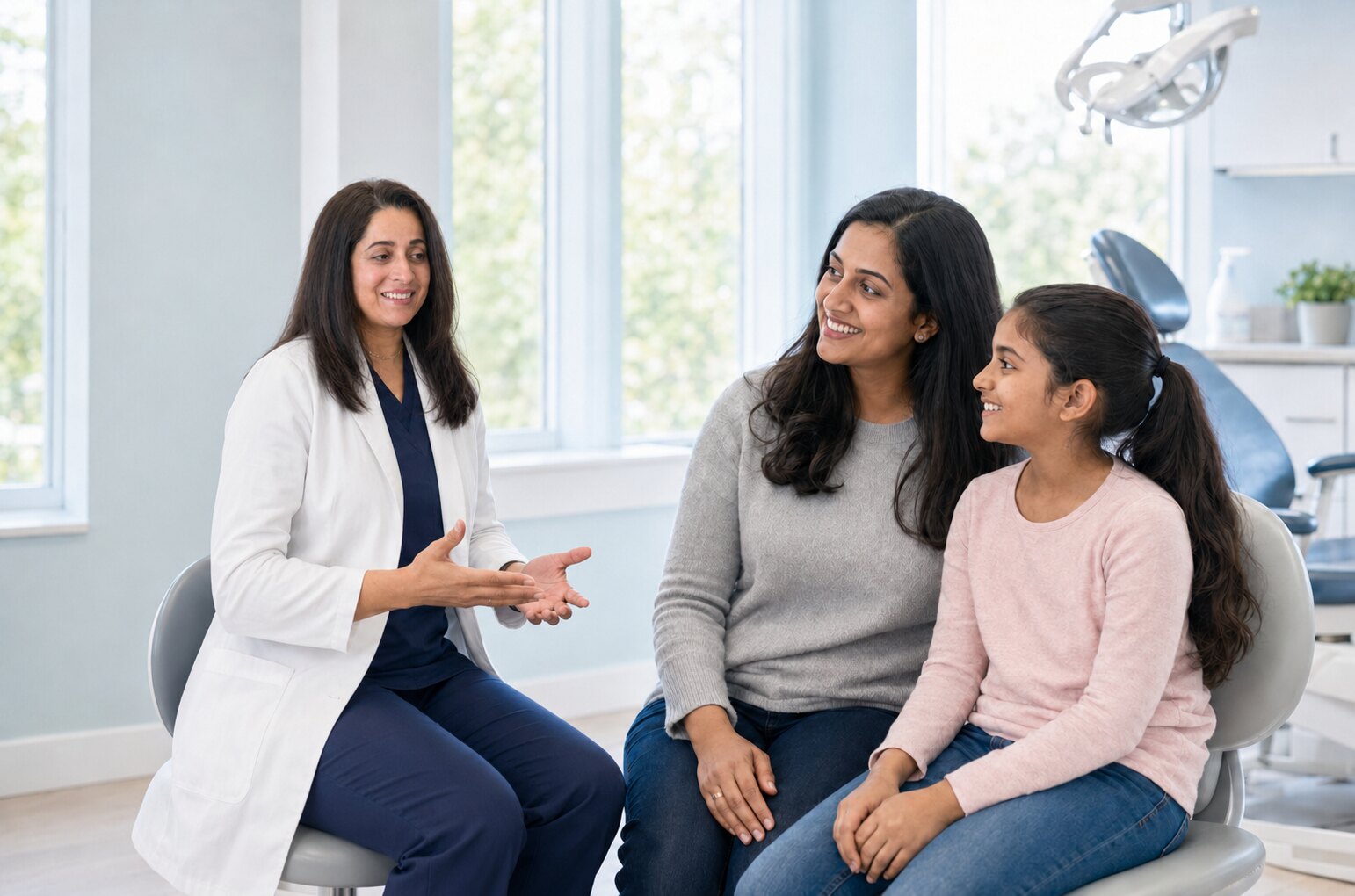 Dr. Reeni Benny speaking warmly with a mother and daughter in a bright dental clinic